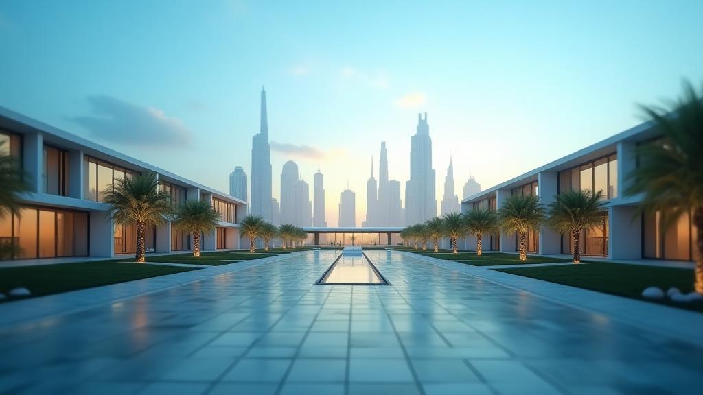 Modern university campus with digital devices and Dubai skyline