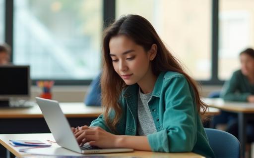 Student using laptop in a modern classroom