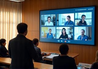 Instructor leading virtual class on large screen